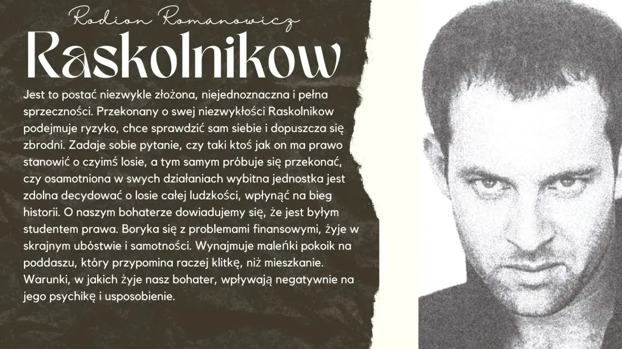 Portret Raskolnikowa, bohatera o złożonej psychice, który w **snach świdrygajłowa** zmaga się z własnymi dylematami moralnymi i poczuciem wyobcowania.