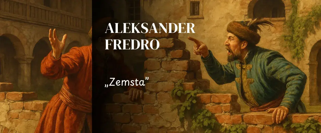 Dwóch mężczyzn w strojach z epoki kłóci się na tle ceglanego muru. Jeden wskazuje palcem, drugi gestykuluje. Tytuł "Zemsta" Aleksandra Fredry.