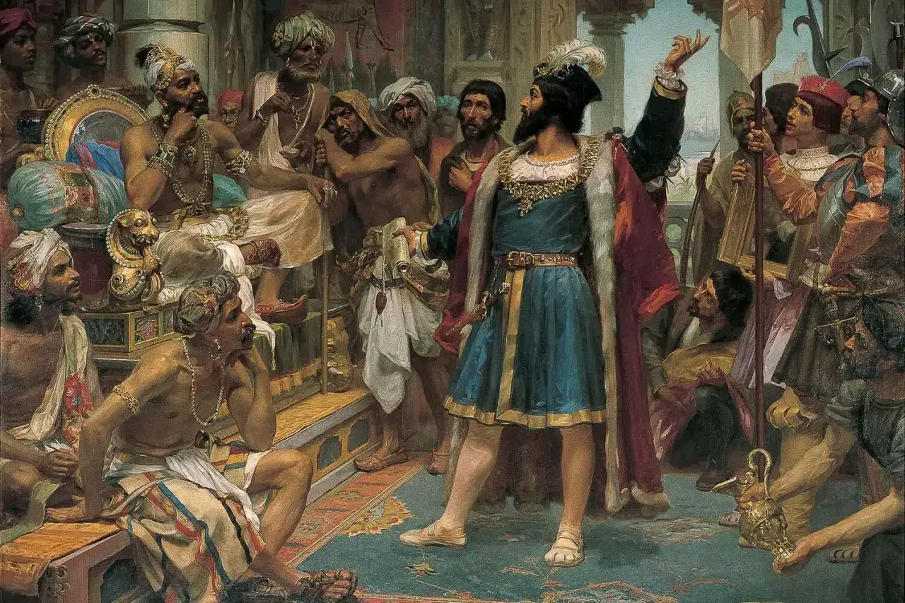 Vasco da Gama przemawia do władcy Indii, otoczony dworzanami i żołnierzami.