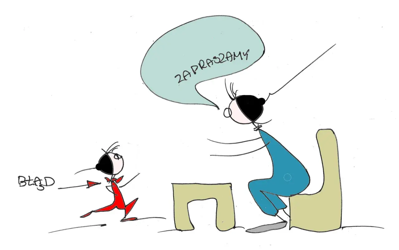 Dziecko w czerwonym stroju biegnie, a z chmurki nad siedzącą postacią w niebieskim ubraniu dobiega "ZAPRASZAMY". Nie wiele trzeba, by zaprosić do zabawy.
