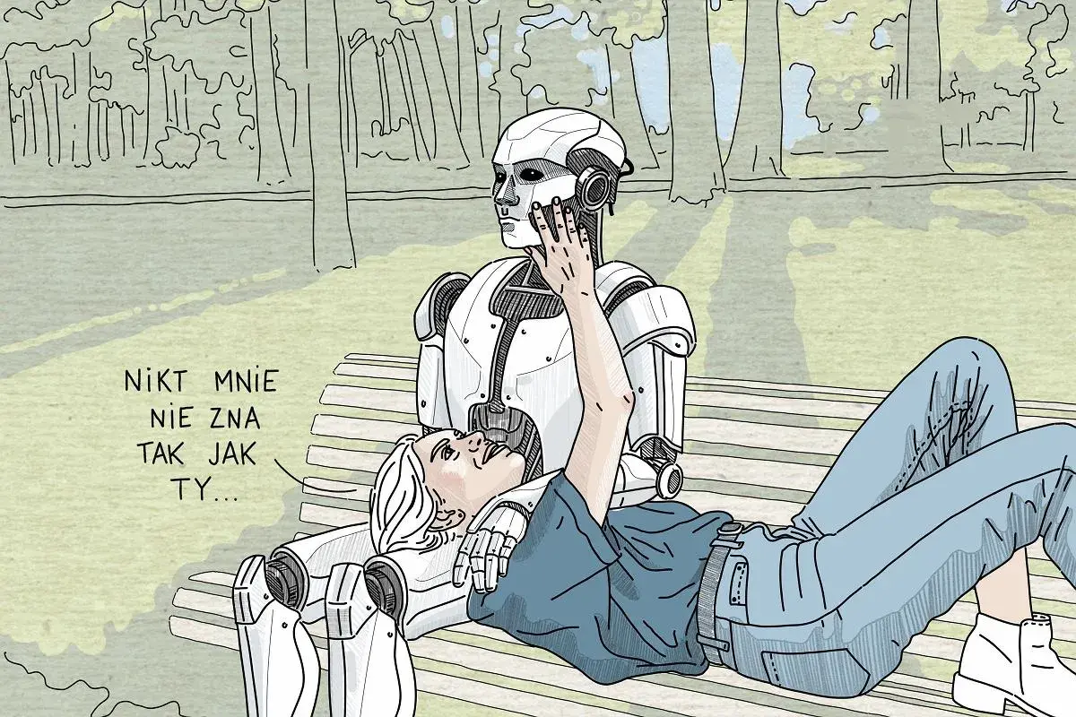 Robot i człowiek na ławce w parku. Ona mówi: "Nikt mnie nie zna tak jak ty...". Czy to początek degrengolady?