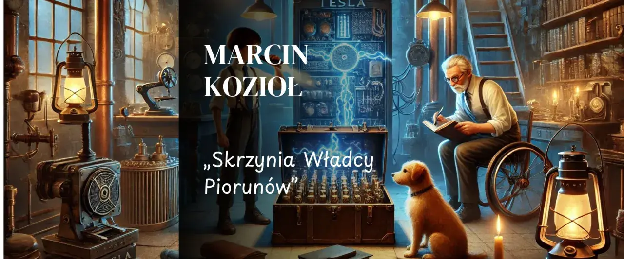 Marcin Kozioł i jego "Skrzynia Władcy Piorunów" - tajemnicze laboratorium pełne wynalazków, starych lamp i psiego towarzysza.
