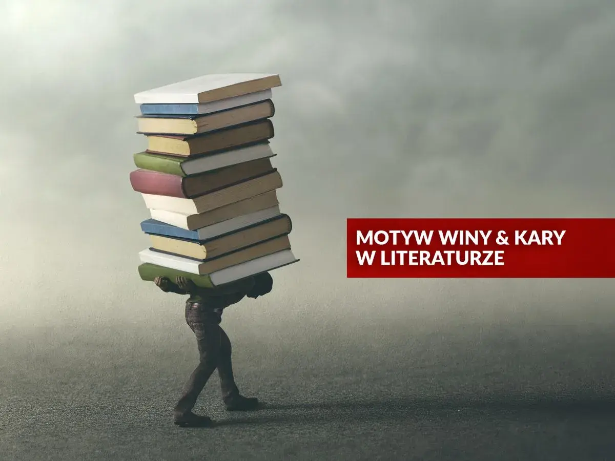 Postać dźwiga stos książek, symbolizując ciężar zbrodni i kary w literaturze.
