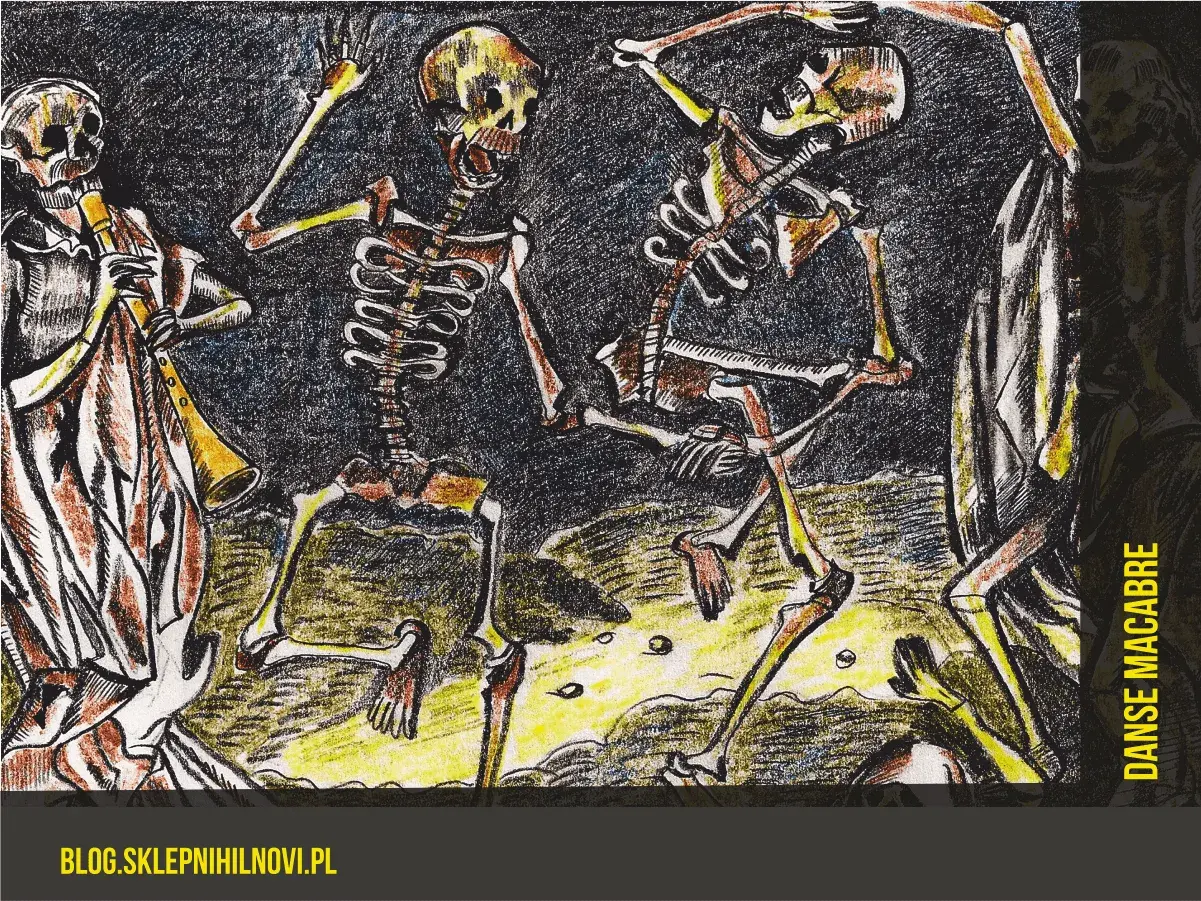 Szkielety tańczą w rytm muzyki granej przez jednego z nich. Obraz przedstawia taniec śmierci, danse macabre, w mrocznej, stylizowanej oprawie.