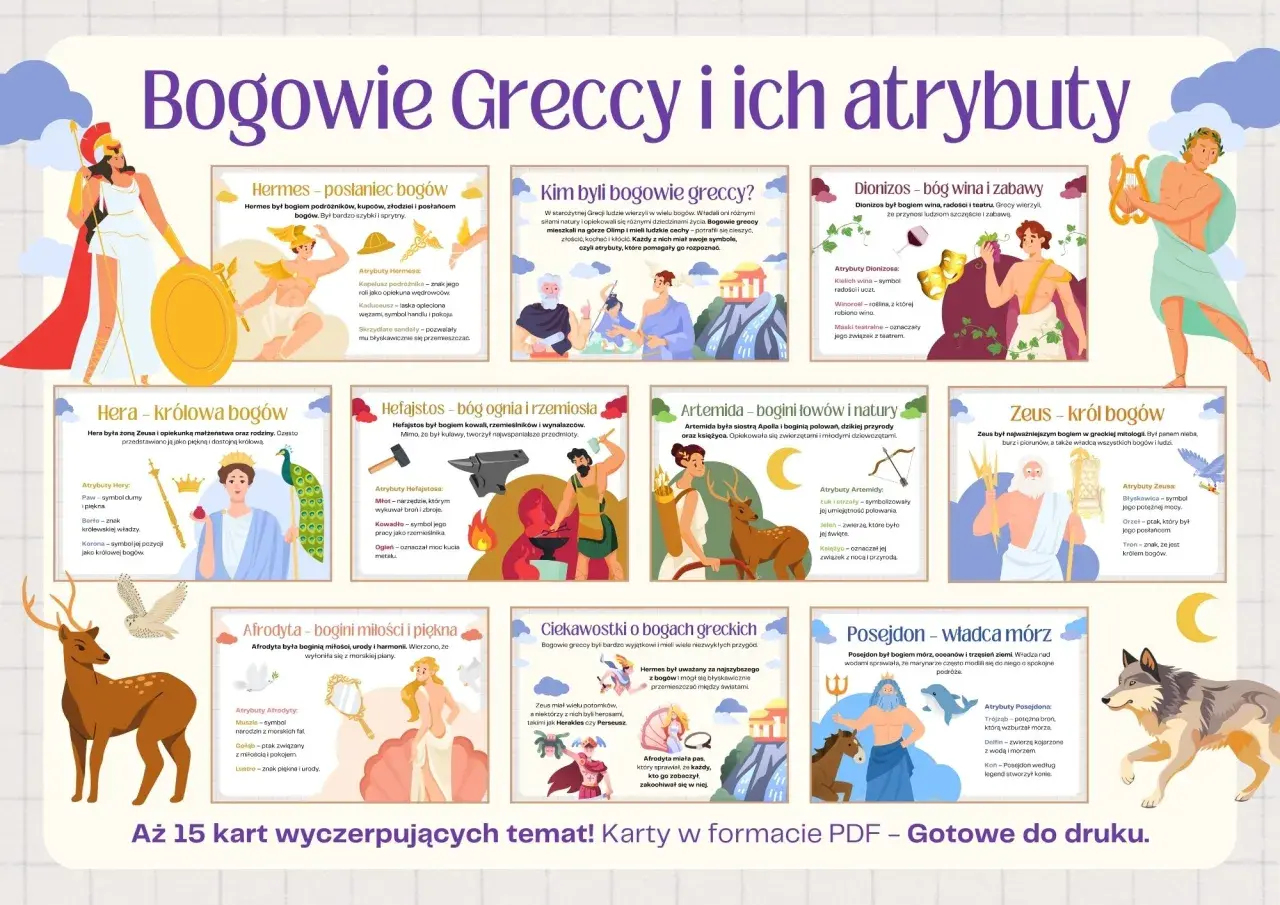 Bogowie greccy i ich atrybuty: Hera, Hefajstos, Artemida, Zeus, Hermes, Dionizos, Afrodyta, Posejdon.