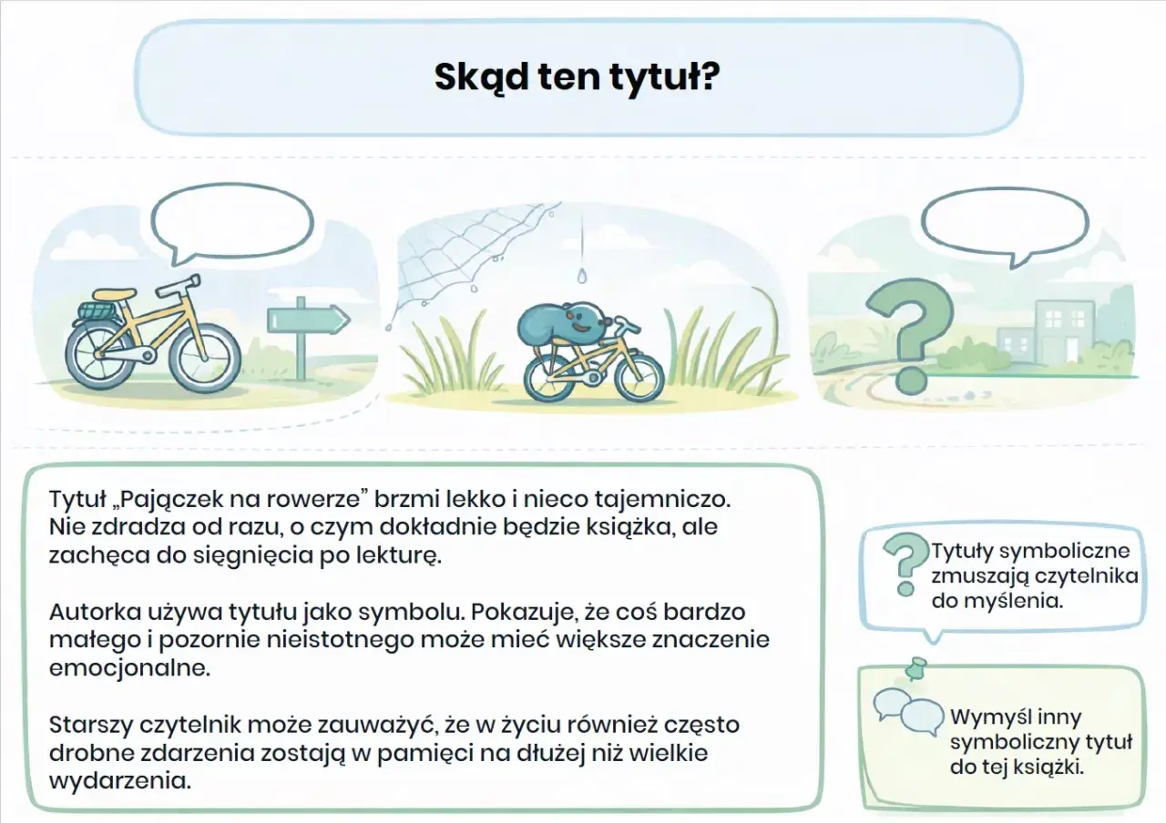 Pajączek na rowerze, symbol małości i wielkiego znaczenia. Tytuł zachęca do lektury, budząc ciekawość.