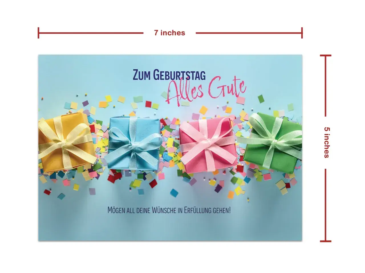 Kolorowe prezenty i konfetti na niebieskim tle. Napis "Zum Geburtstag Alles Gute" i "Mögen all deine Wünsche in Erfüllung gehen!" to życzenia urodzinowe po niemiecku.