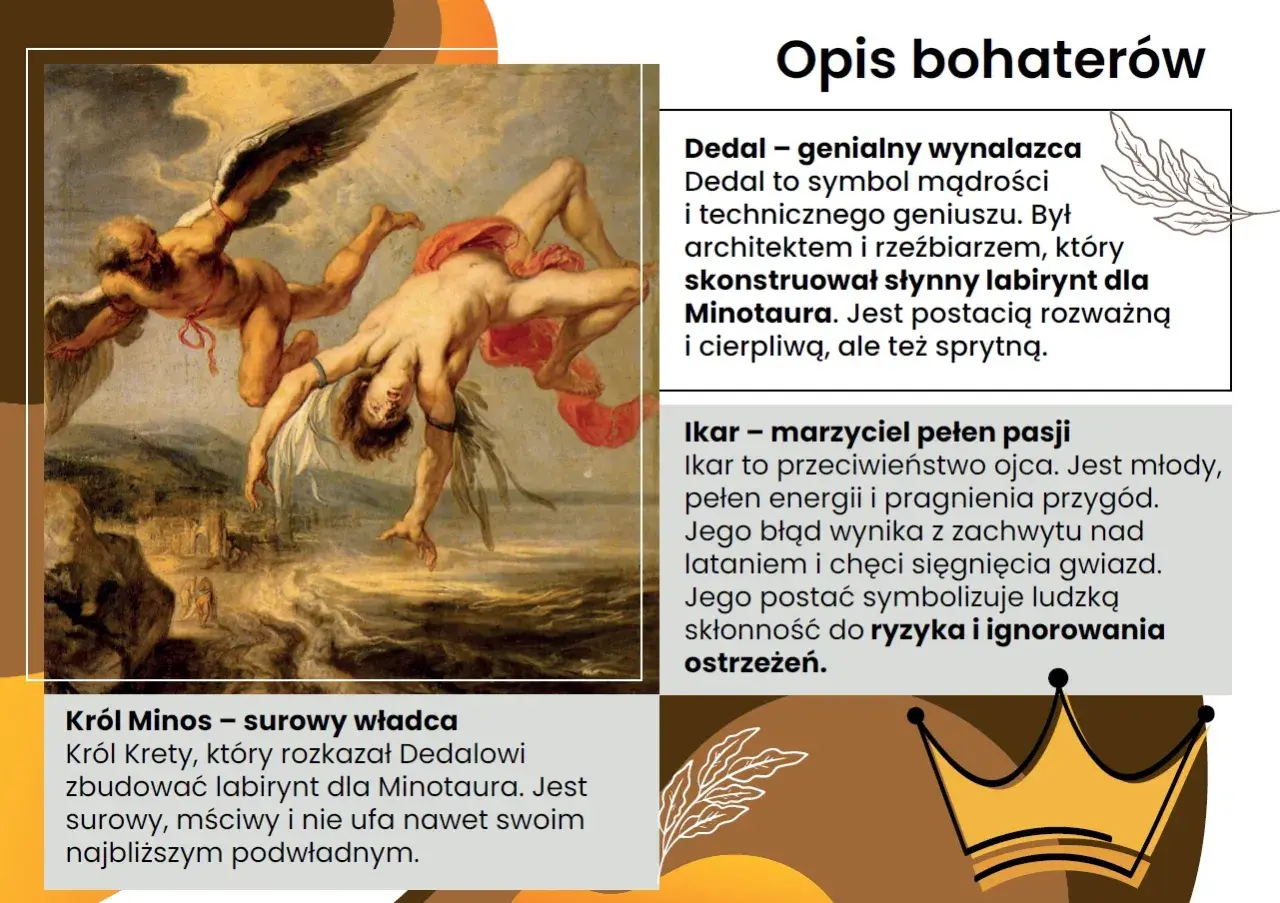 Dedal i Ikar spadają z nieba. Obraz ilustruje mit o Dedalu i Ikarze, opowieść o wolności i jej granicach.