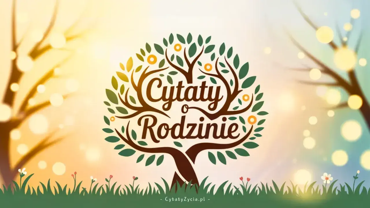 Drzewo życia z napisem "Cytaty o Rodzinie". Ciepłe, słoneczne tło z bokeh.