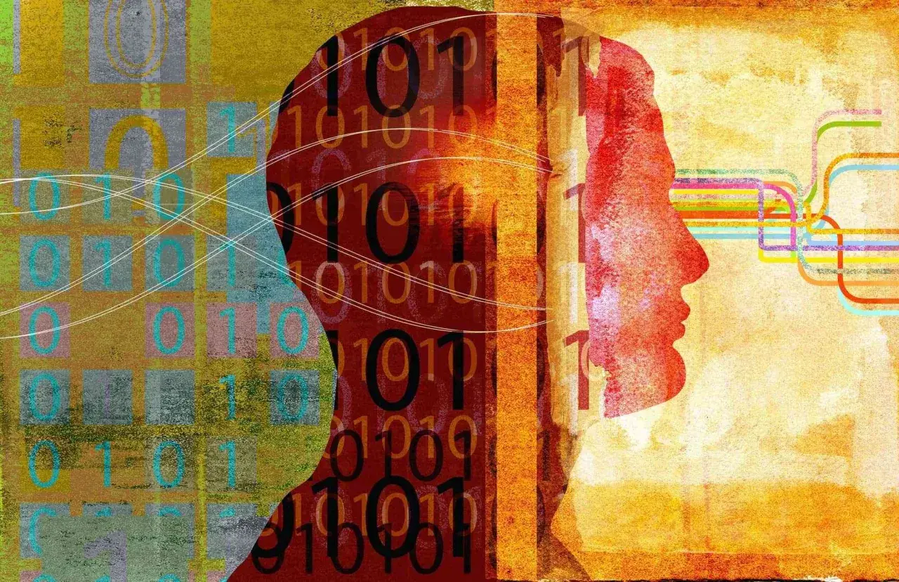 Sylwetka głowy z kodem binarnym w środku, symbolizująca ludzki umysł i jego związek z technologią. To obraz o silnym wydźwięku humanizmu.