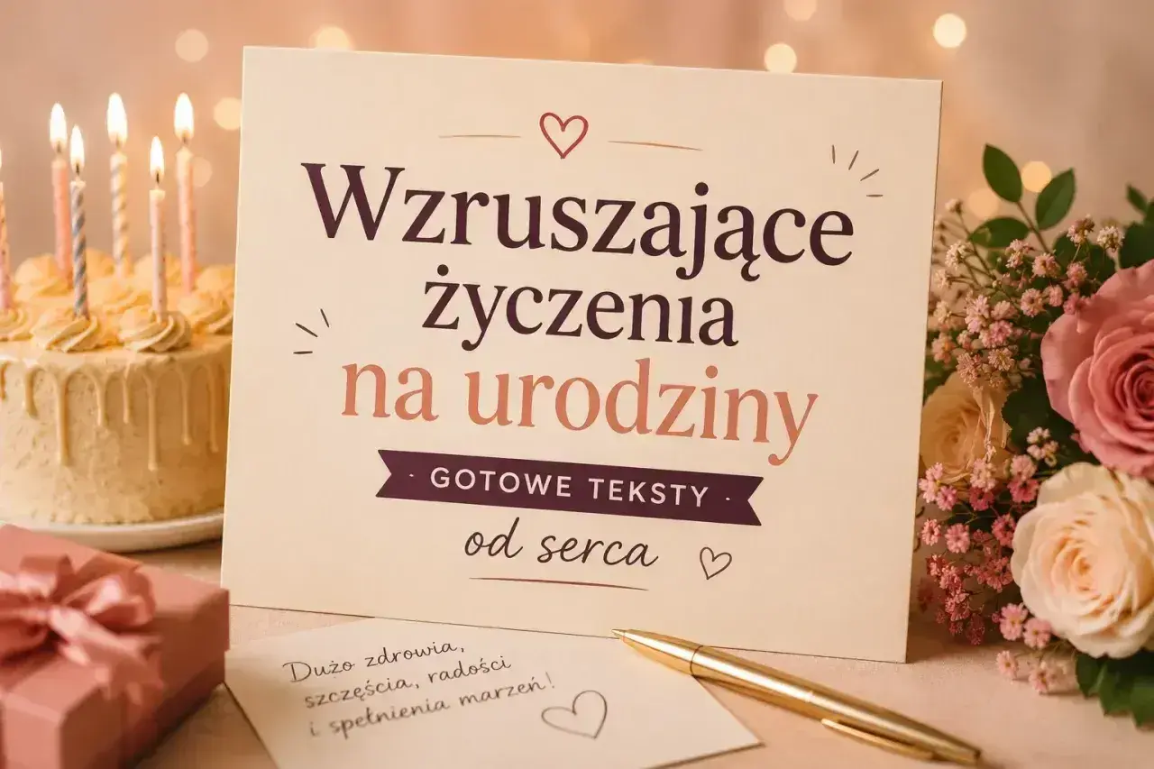 Wzruszające życzenia urodzinowe dla cioci, gotowe teksty od serca. Obok tort z płonącymi świecami i bukiet róż.