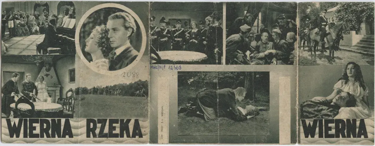 Kolaż scen z filmu "Wierna rzeka": para w okręgu, żołnierze, scena w lesie, kobieta z mężczyzną na rękach.