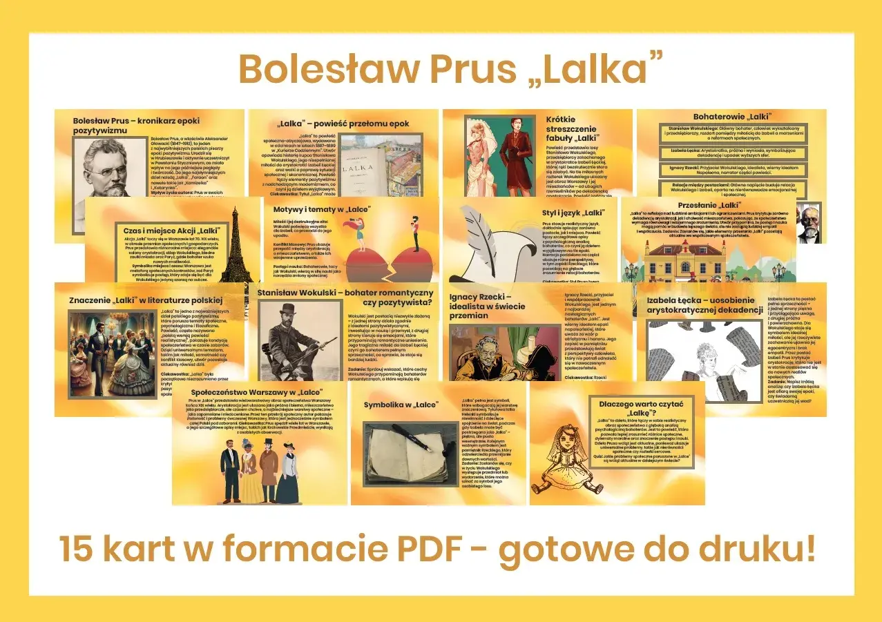 Grafika przedstawia streszczenie powieści "Lalka" Bolesława Prusa, z podziałem na kluczowe aspekty: bohaterów, motywy, styl, czas akcji i znaczenie.