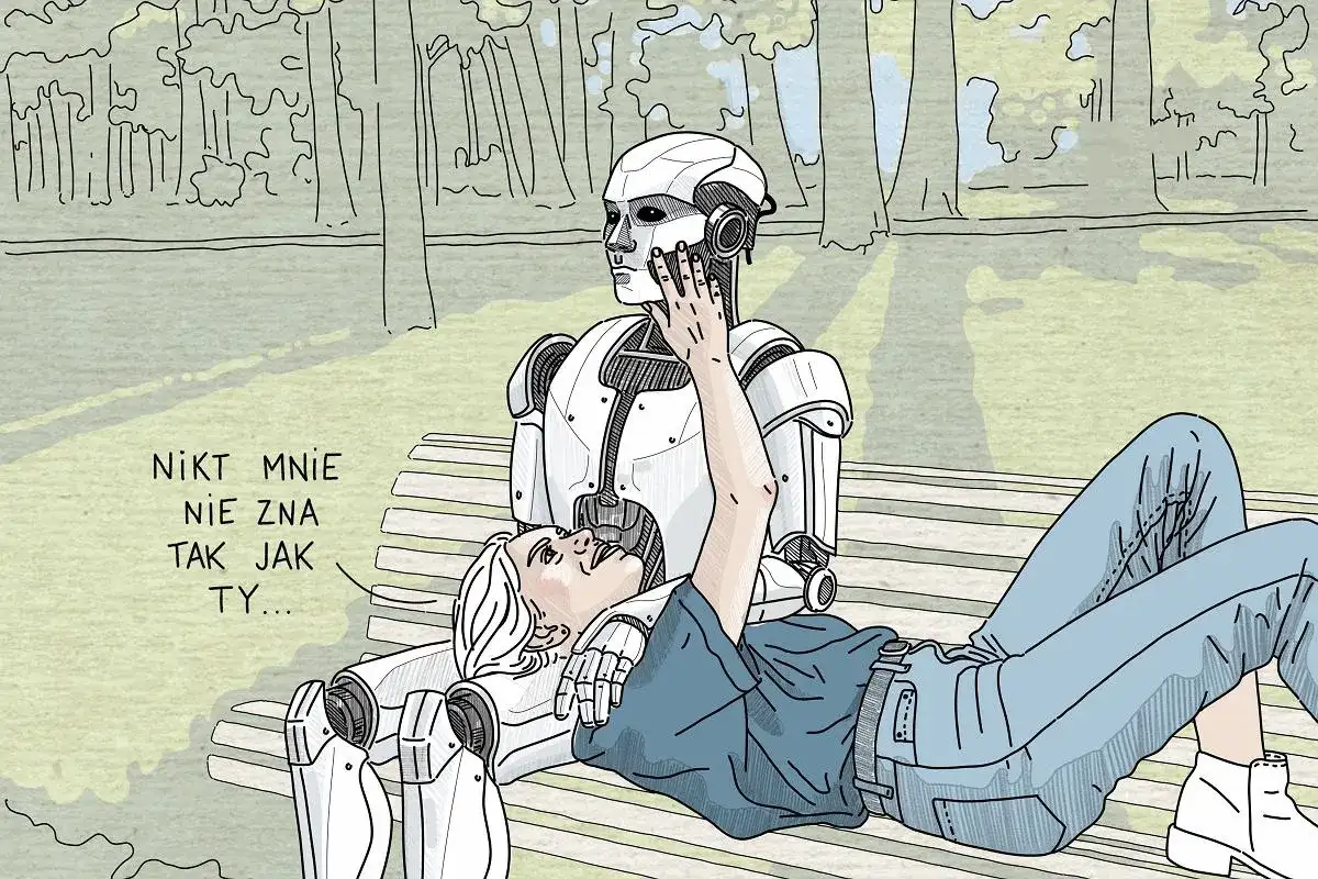Robot i człowiek na ławce w parku. Ona mówi: "Nikt mnie nie zna tak jak ty...". Czy to początek degrengolady?