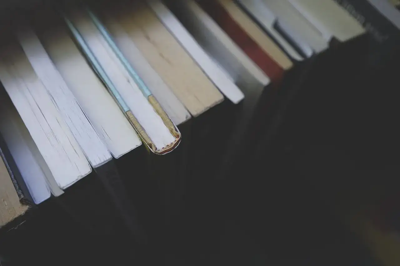 Grzbiet jednej z książek, jakby wyznaczony przez determinizm, jest lekko wygięty. Wiele książek leży obok siebie.