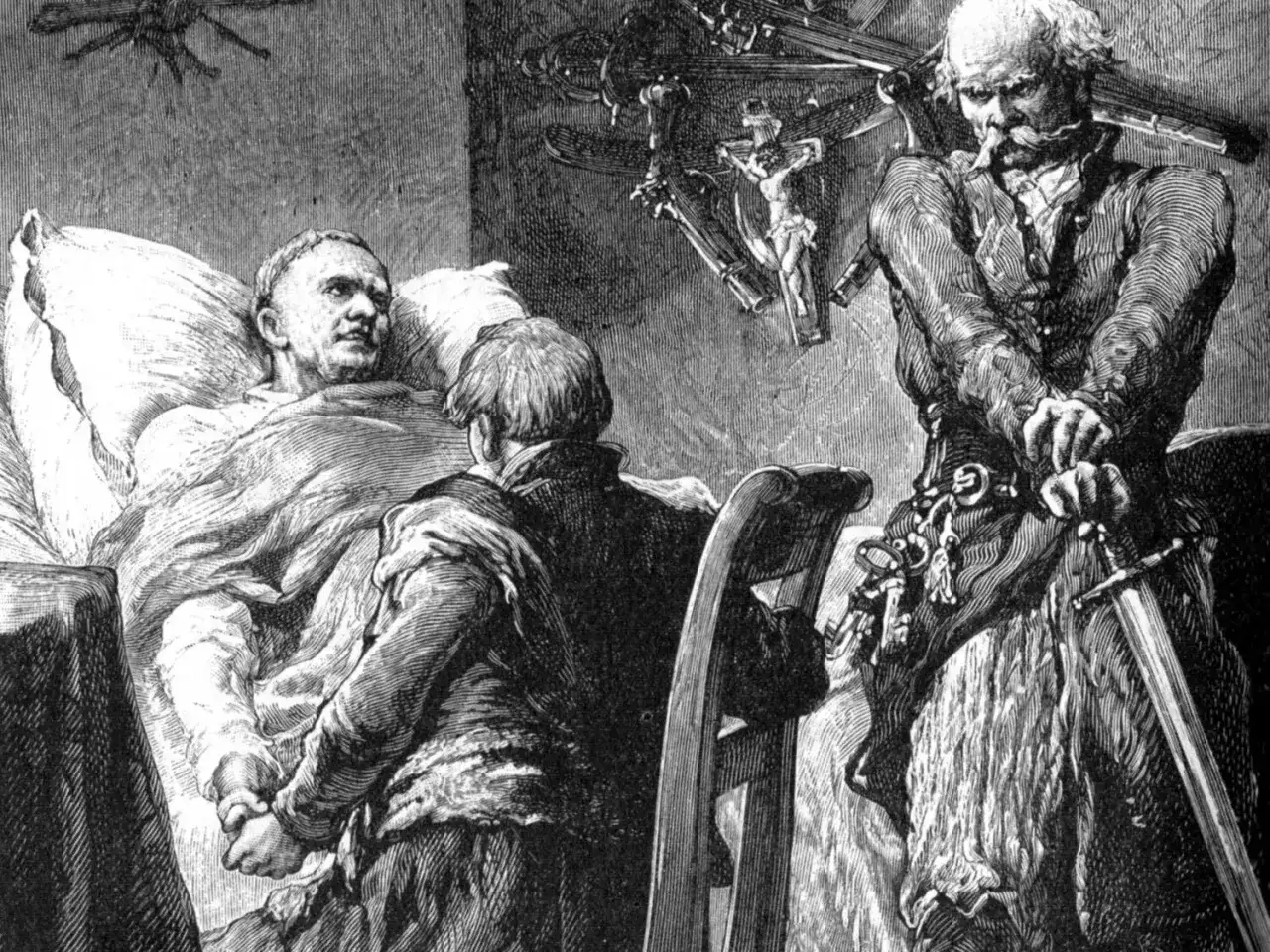 Jacek Soplica zabił Stolnika. Scena z umierającym Stolnikiem, klęczącym młodzieńcem i stojącym z mieczem.