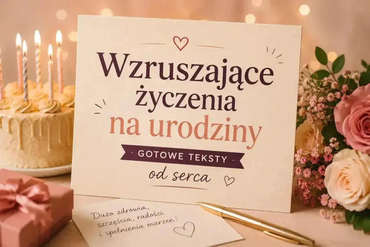 Wzruszające życzenia urodzinowe dla cioci, gotowe teksty od serca. Obok tort z płonącymi świecami i bukiet róż.