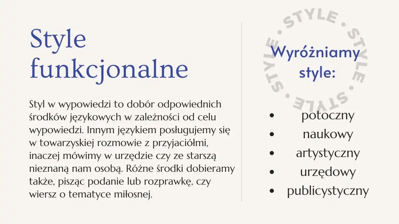 Wyjaśnienie stylu funkcjonalnego i jego odmian: potoczny, naukowy, artystyczny, urzędowy, publicystyczny. Różne funkcje językowe wymagają odmiennego doboru środków.