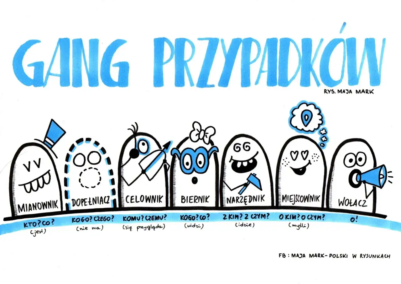 Gang przypadków: Mianownik (kto? co? jest), Dopełniacz (kogo? czego? nie ma), Celownik (komu? czemu? się przygląda), Biernik (kogo? co? widzi), Narzędnik (z kim? z czym? idzie), Miejscownik (o kim? o czym? myśli), Wołacz (o!).
