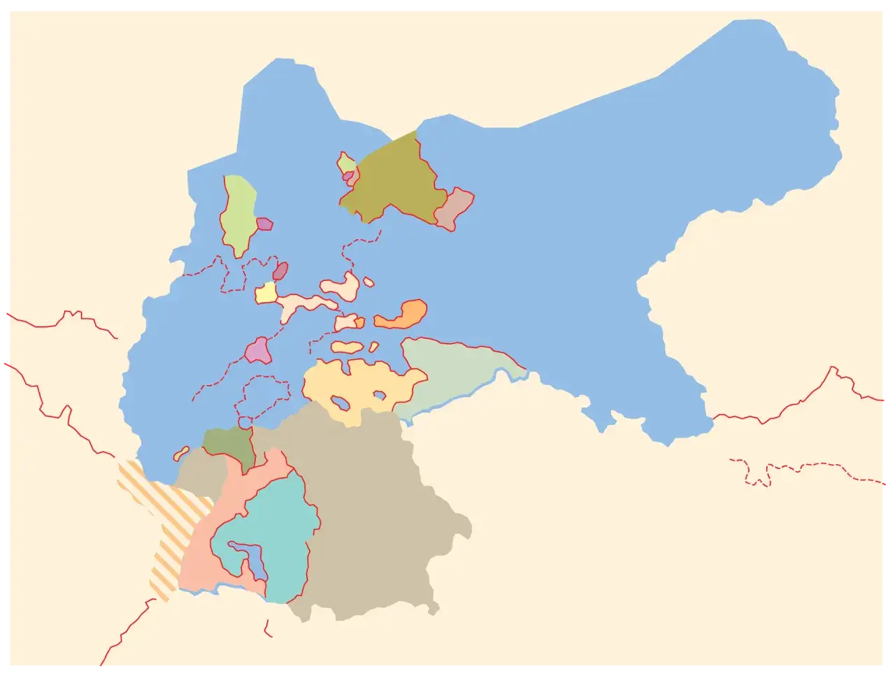 Mapa przedstawiająca proces zjednoczenia Niemiec, z zaznaczonymi różnymi państwami i regionami w różnych kolorach.