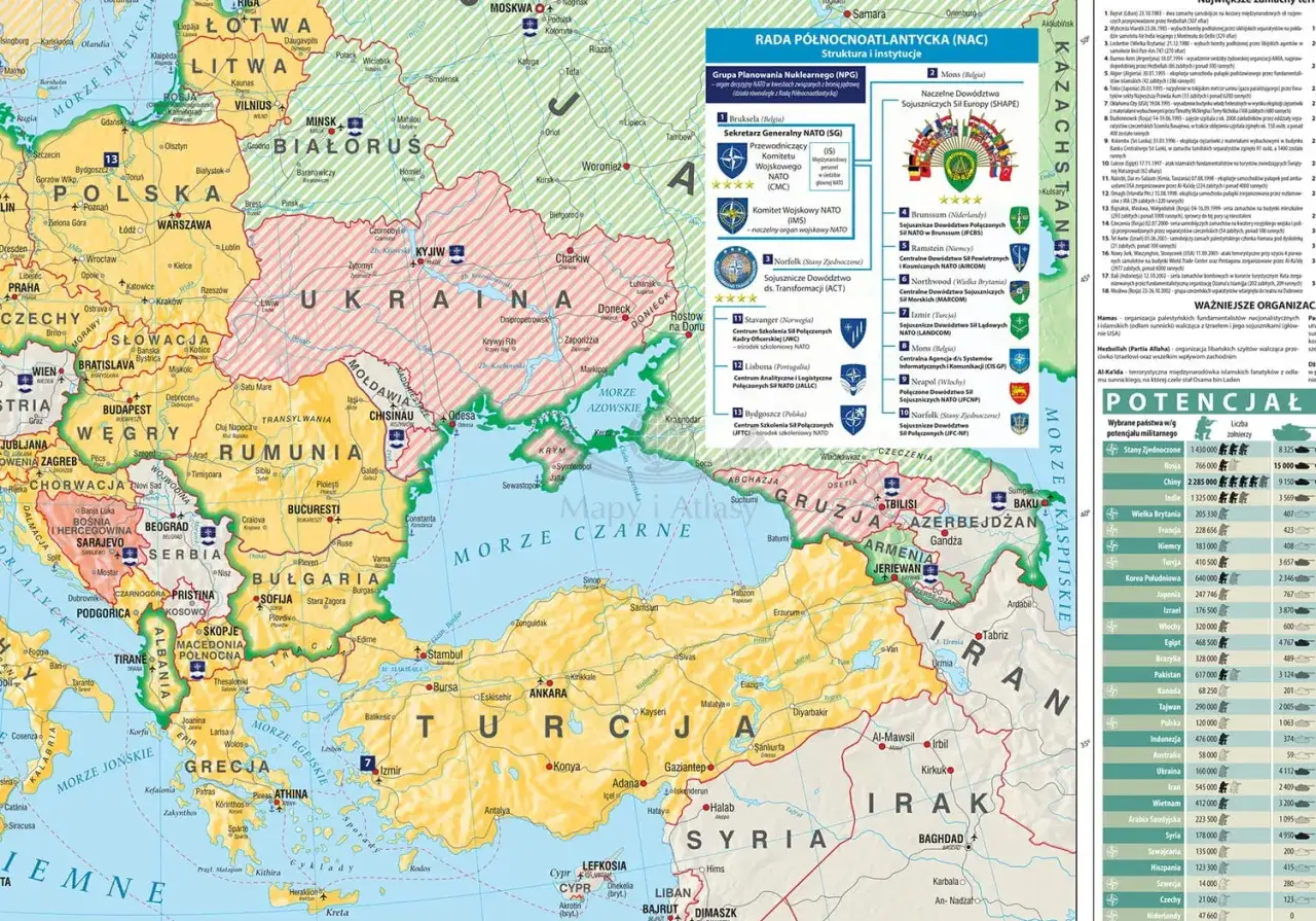 Mapa Europy Wschodniej i Bliskiego Wschodu z zaznaczonymi państwami NATO, ich strukturami i potencjałem militarnym.