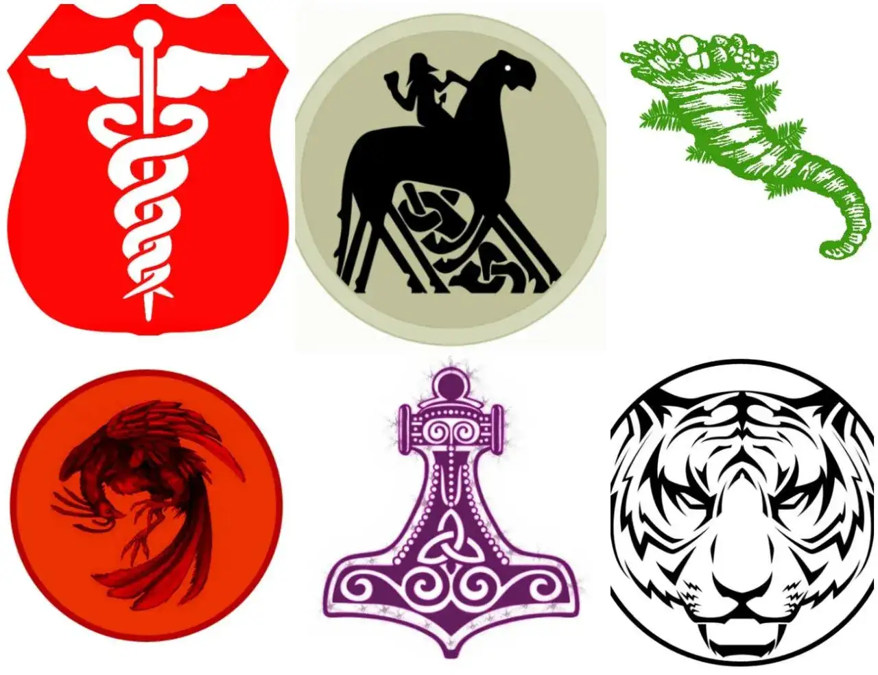 Symbolika z mitologii: czerwony kaduceusz, mityczny jeleń, zielony smok, feniks, młot Thora i tygrys.