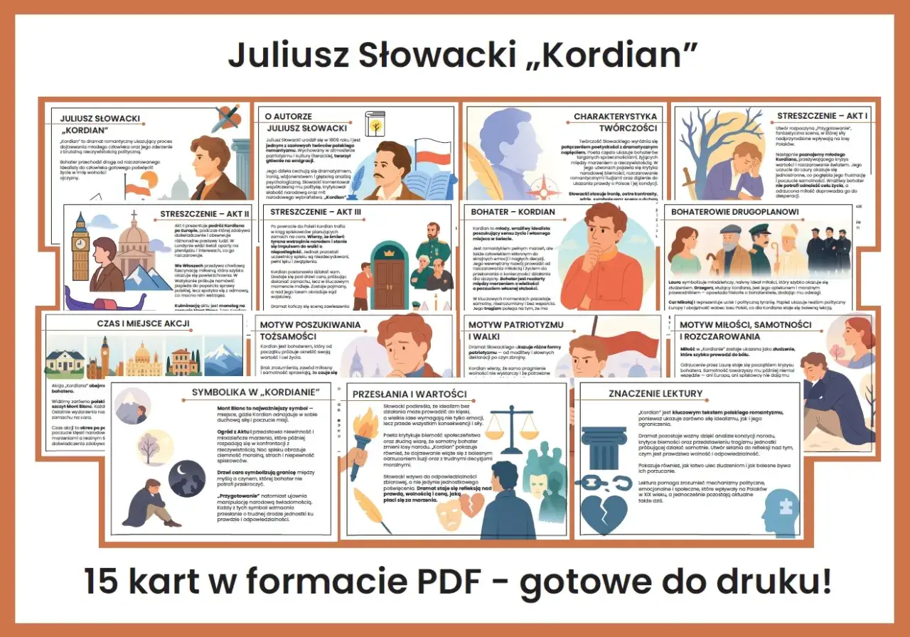 Kordian streszczenie krótkie: dramat Juliusza Słowackiego o młodym idealistcie, jego poszukiwaniach tożsamości, miłości i walce o wolność ojczyzny.