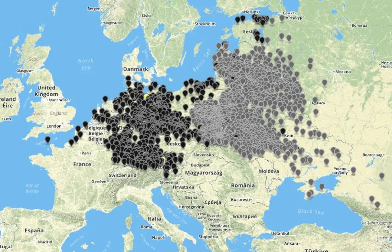 Mapa Europy z zaznaczonymi miejscami. Ciemne punkty symbolizują miejsca związane z historią, w tym te dotyczące pytania 