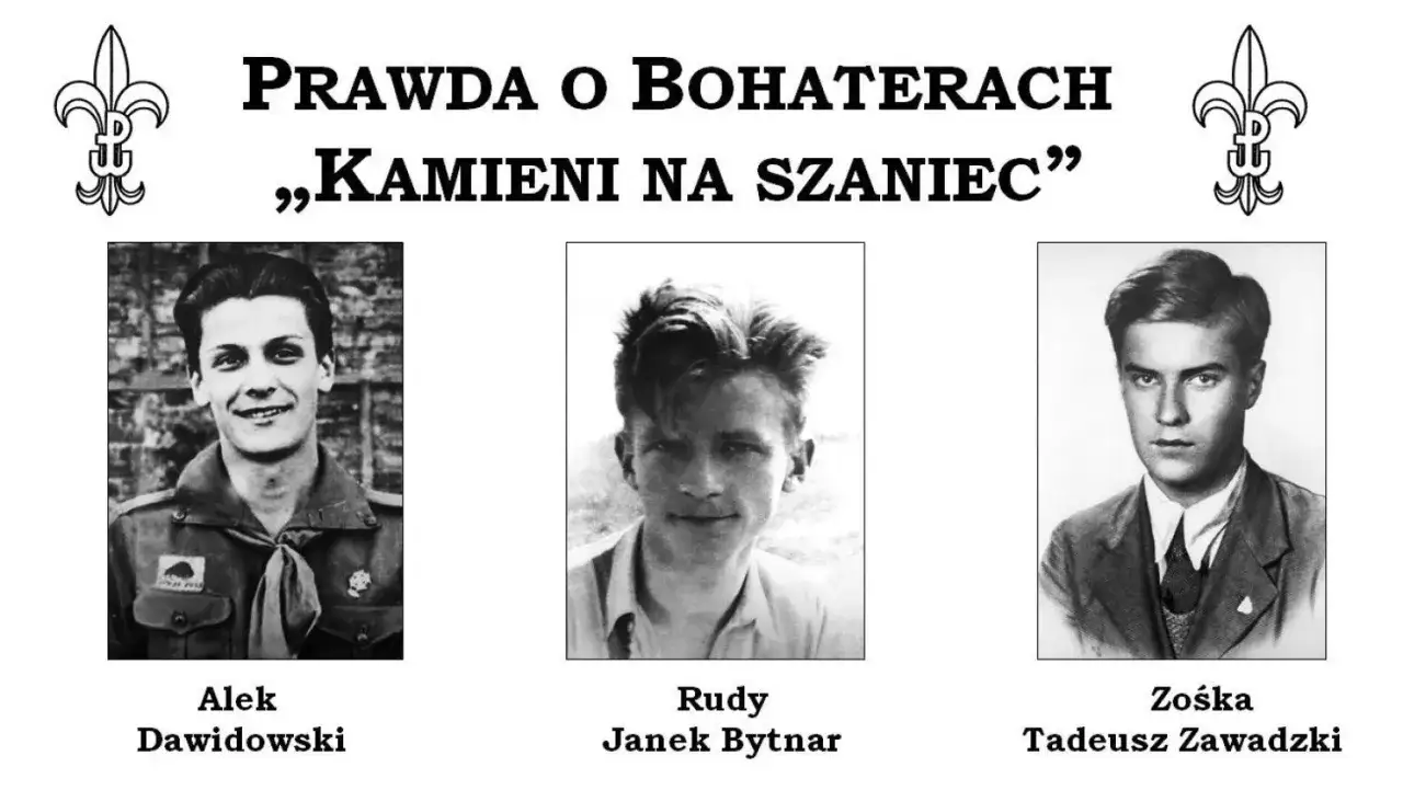 Portrety Alka, Rudego i Zośki. Obraz przedstawia bohaterów książki 