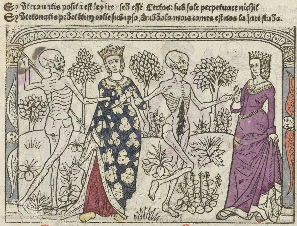 Taniec śmierci (danse macabre) – szkielety wiodą do tańca królową i damę, symbolizując nieuchronność śmierci dla wszystkich.