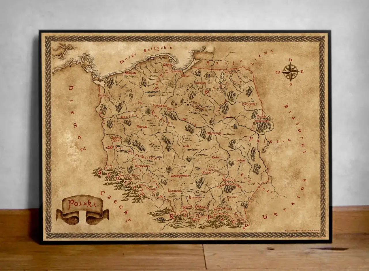 Mapa Polski w stylu retro, ukazująca rozbicie dzielnicowe. Widoczne miasta, rzeki i granice, stylizowane na stare dokumenty.