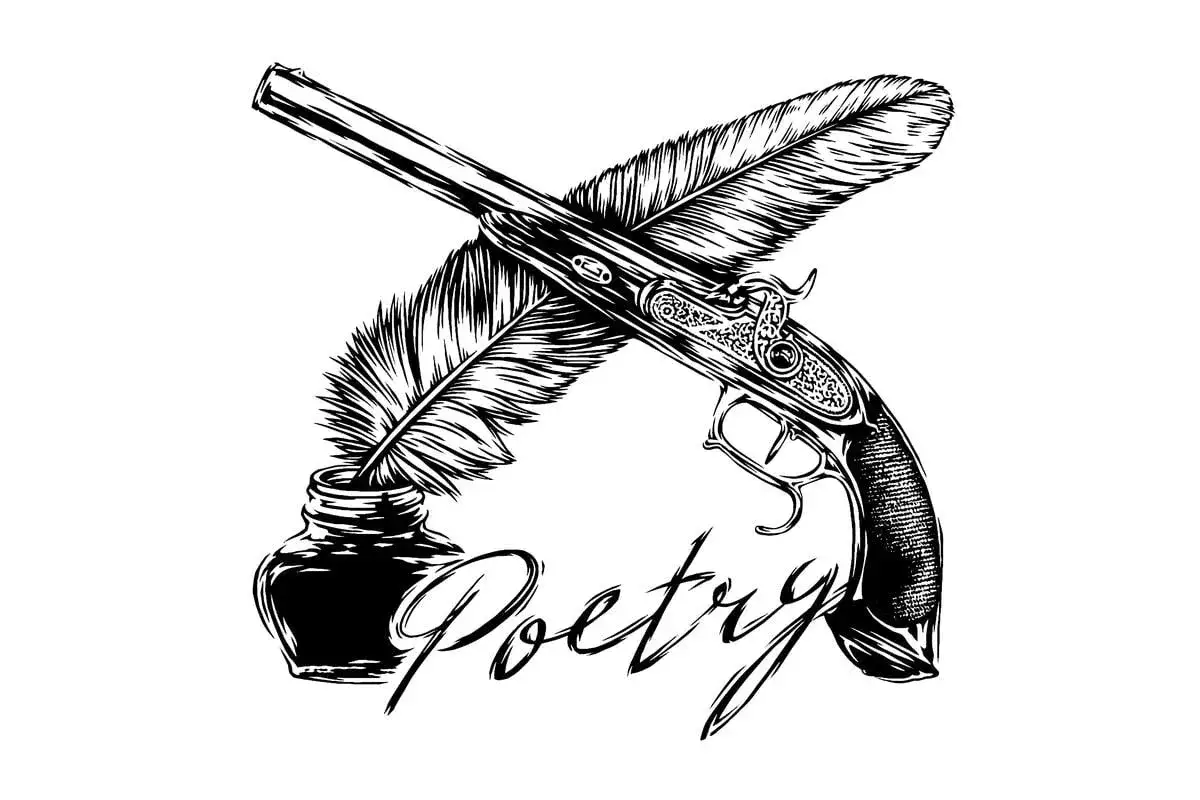 Powieść poetycka: pistolet i pióro nad kałamarzem, symbolizujące twórczość i walkę słowa.