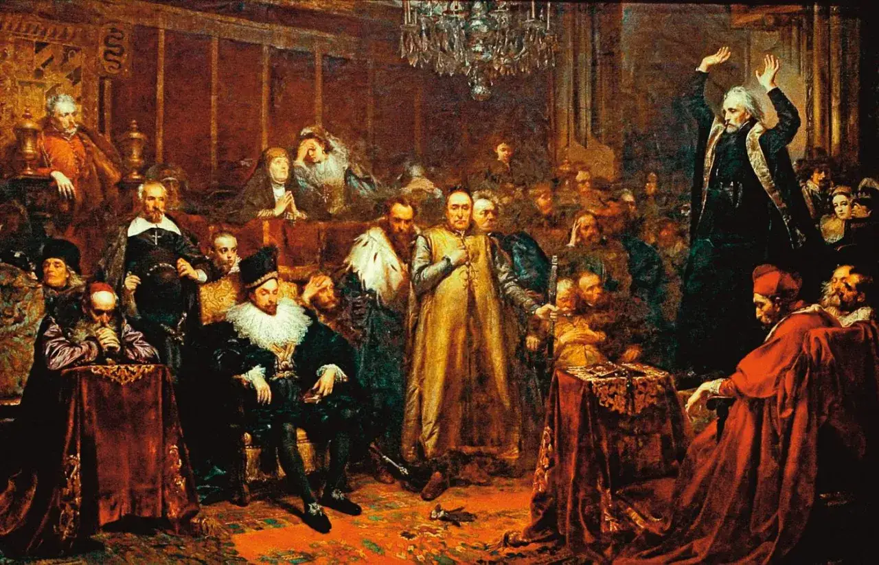 Obraz przedstawia scenę z kazania sejmowego, gdzie duchowny przemawia do zgromadzonych. To streszczenie historycznego wydarzenia.