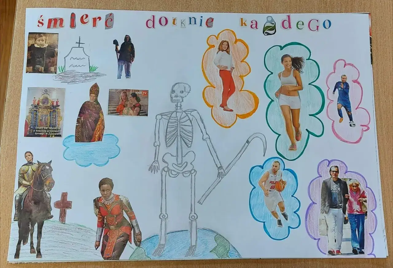 Śmierć dotknie każdego. Szkielet z kosą symbolizuje nieuchronność losu, a wokół niego ludzie w różnym wieku i zawodach.