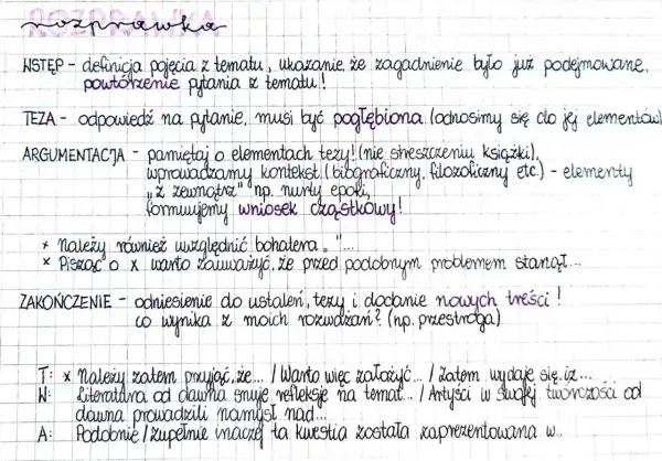 Struktura rozprawki maturalnej: wstęp, teza, argumentacja z kontekstem i wnioskami, zakończenie.