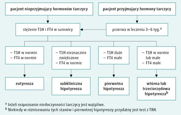 Schemat diagnostyki niedoczynności tarczycy, która może prowadzić do kretynizmu. Analiza TSH i FT4 w surowicy.