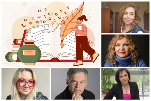 Ilustracja z otwartą księgą i piórem, obok portrety kobiet i mężczyzny. Moim zdaniem to panel dyskusyjny.