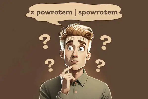 Zastanawiający się mężczyzna otoczony znakami zapytania, myślący, czy wrócić, czy spowrotem.
