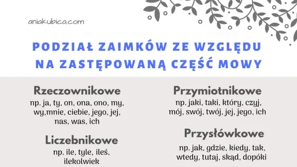 Podział zaimków ze względu na zastępowaną część mowy: rzeczownikowe (ja, ty), przymiotnikowe (jaki, mój), liczebnikowe (ile) i przysłówkowe (jak, gdzie).