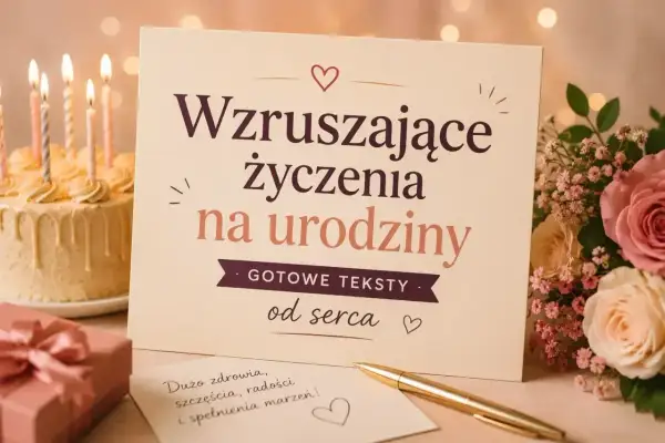 Wzruszające życzenia urodzinowe dla przyjaciółki. Kartka z napisem "Wzruszające życzenia na urodziny", obok tort, prezent i kwiaty.
