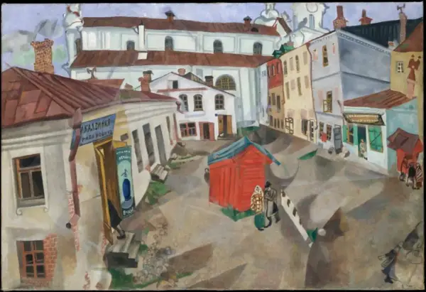 Oniryzm w sklepach cynamonowych. Kolorowa, surrealistyczna wizja uliczki z budynkami i ludźmi, gdzie każdy detal zdaje się tańczyć.