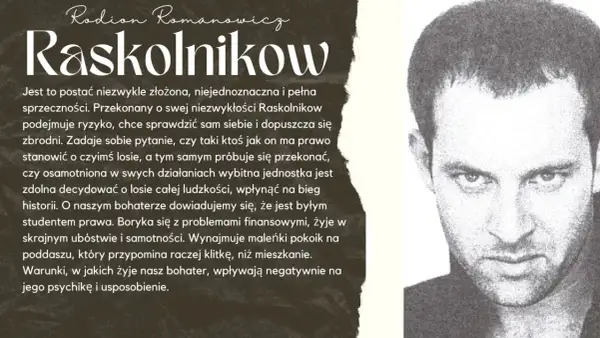 Portret Raskolnikowa, bohatera o złożonej psychice, który w **snach świdrygajłowa** zmaga się z własnymi dylematami moralnymi i poczuciem wyobcowania.