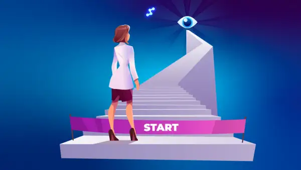 Kobieta w białej marynarce stoi przed schodami z napisem "START". Czy powinna zacząć wchodzić, czy wahać się?