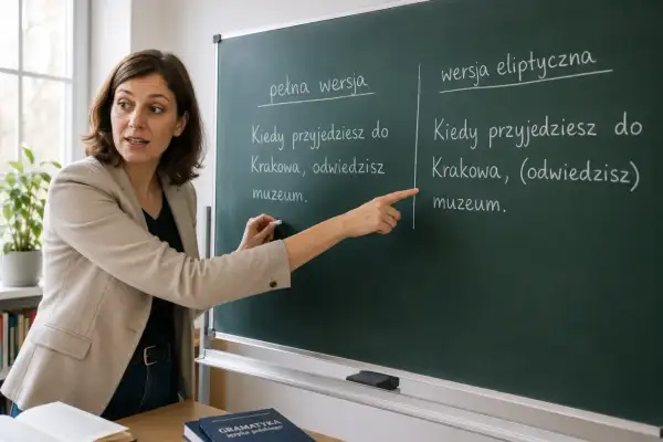 Nauczycielka wyjaśnia na tablicy różnicę między pełną a wersją eliptyczną zdania.