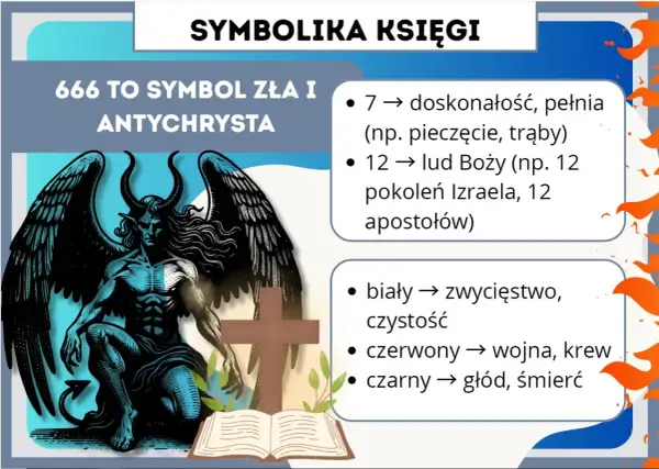 Symbolika Apokalipsy św. Jana: 666 to symbol zła, a obok diabeł, krzyż i księga.