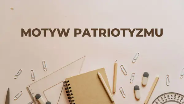 Motyw patriotyzmu na tle przyborów szkolnych: zeszyt, ołówki, linijka, cyrkiel, spinacze.