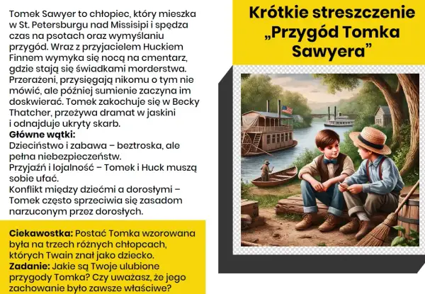 Dwaj chłopcy, Tomek i Huck, siedzą nad rzeką. To streszczenie „Przygód Tomka Sawyera” opisuje ich pełne przygód życie.