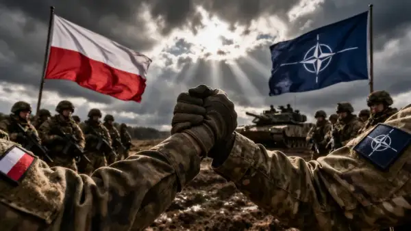 Żołnierze ściskają sobie dłonie pod flagami Polski i NATO. To symbol jedności i siły sojuszu, który pokazuje, co to jest NATO.