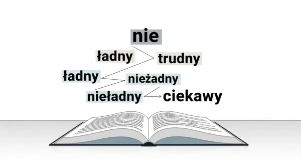 Diagram pokazuje, jak słowo "nie" może być pisane razem lub osobno z innymi słowami, tworząc nowe znaczenia.