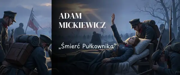 Ilustracja do "Śmierć pułkownika" Adama Mickiewicza. Żołnierze w mundurach, umierająca kobieta na łożu, polska flaga.